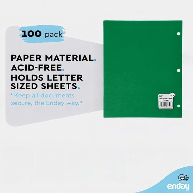 Folders with Pockets (100 Pack), Green 2 Pocket Folder Bulk, Two Pockets File for Letter Size Sheets, Bulk Paper Folders with Pockets Also Available in Blue, Black, Red, 100 Pack - By Enday
