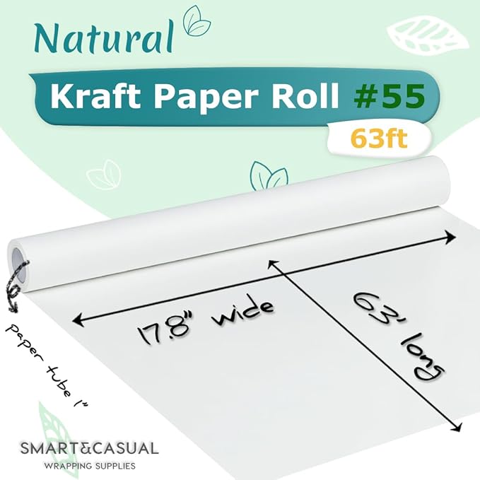 SMART&CASUAL Craft Paper Roll 17.8" x 760" Kraft Paper White Easel Paper Roll for Kids Gift Wrapping Art Bulletin Board Paper Bouquet Flower Packing Painting Drawing Floor Covering Poster Chart Paper