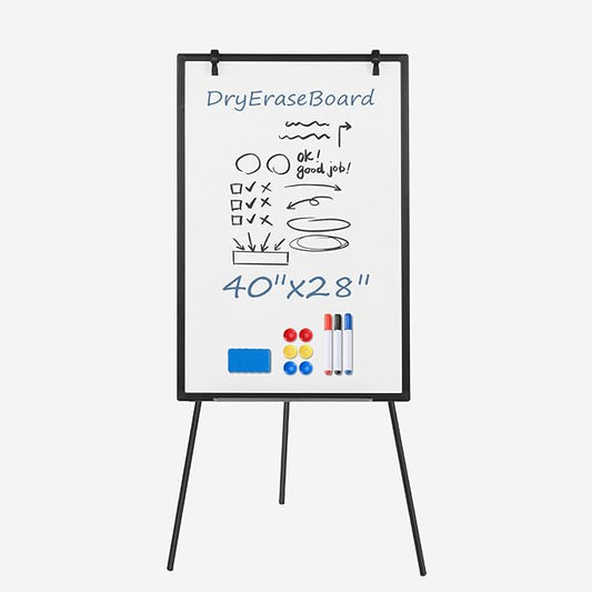 DUMOS Whiteboard Easel 40 x 28 Inches, Magnetic White Board Dry Erase, Porbable Boards Height Adjustable, Dry Erase Board with Stand for School, Office and Home, Silver Aluminium Frame, Black