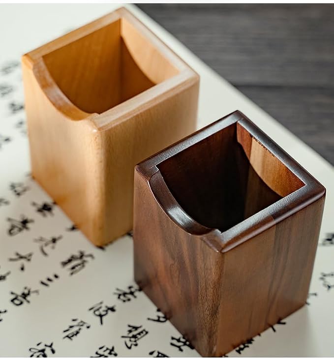 Wooden Pen Holder for Desk, 2 Pack Natural Wood Pencil Cup Holder – Office Desk Accessories Organizer, Makeup Brush Holder, Kids Crayon Marker Caddy, Eco-Friendly (2 Pack - 1 Beech + 1 Walnut))