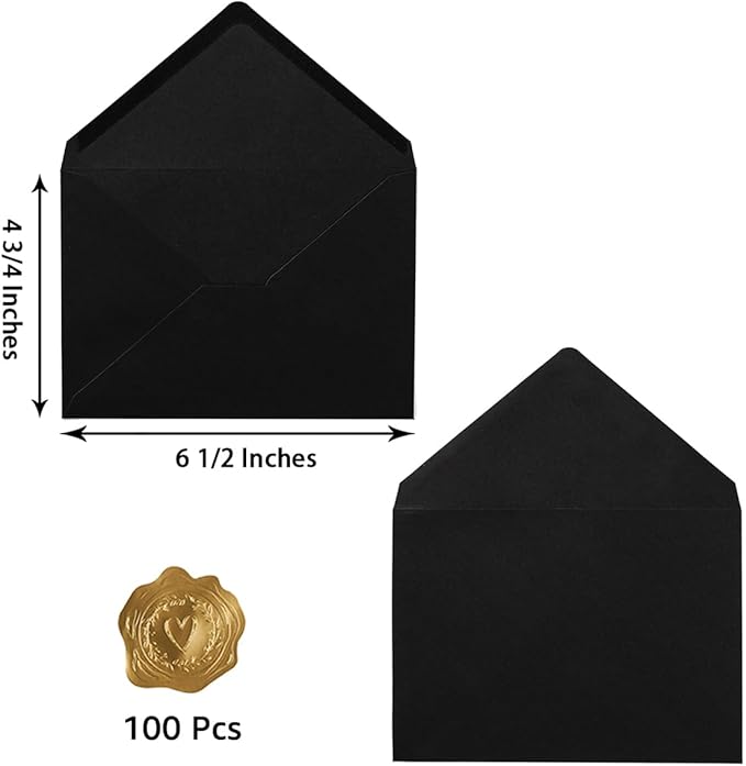 100 Pieces A6 Envelopes Colorful 4x6 Envelopes with Gold Stickers for Greeting Cards, Birthday, Weddings, Baby Shower Invitation Cards (Black, 6 1/2 x 4 3/4 Inches)