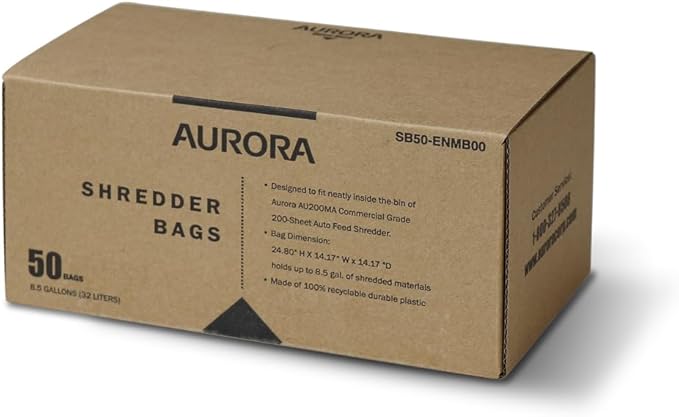 Aurora SB50 Shredder Bags, Design for Aurora AU200MA and AU220MB auto feed shredders, Hold up to 8.5 Gallon of shredded materials, 1 Roll of 50 Bags