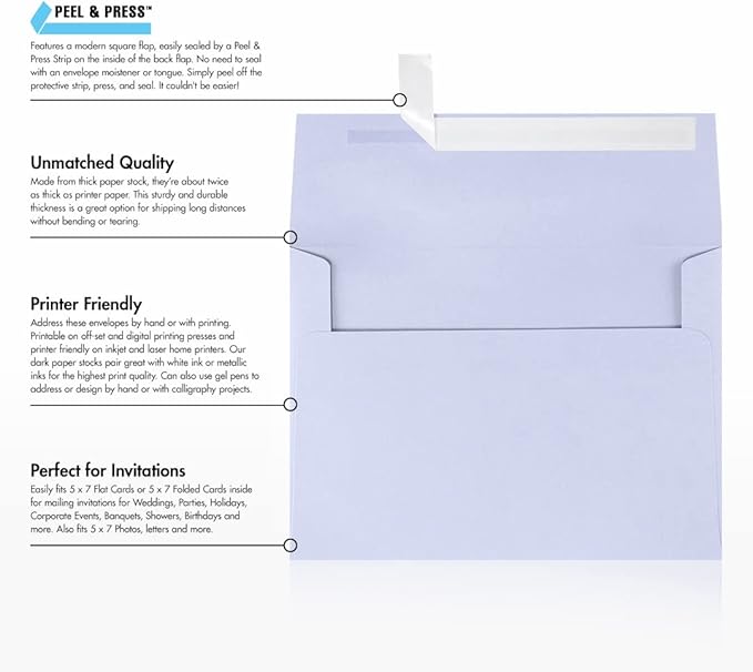 LUXPaper A7 Invitation Envelopes | Peel & Press | 5 1/4" x 7 1/4" | Lilac Purple | 80lb. Text | 500 Qty