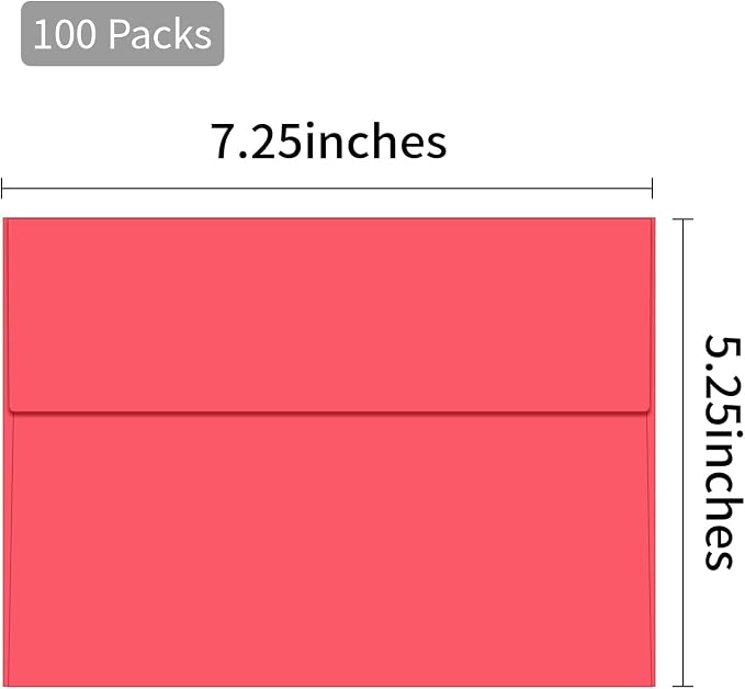 100 Packs Red 5x7 Envelopes, A7 Envelopes for Invitations | Self seal, Ideal for weddings/graduations/baby showers/ birthdays, 120g thick paper 5.28x7.13.
