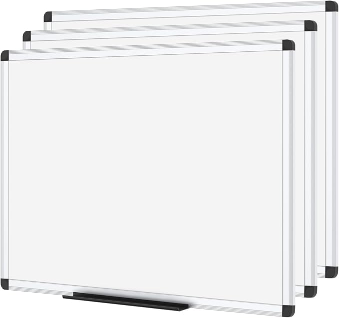 VIZ-PRO Dry Erase Board, 24 x 18 Inches, 3 Pack, Wall Mounted Whiteboard | Aluminum Frame, with Marker Tray, for School Office and Home