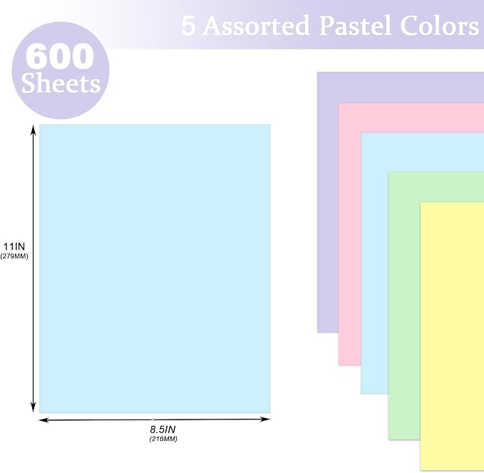 600 Sheets Colored Paper 8.5 X 11 - Color Printer Copy Paper 22lb/80gsm Double Sided Origami for DIY Art Craft,5 Pastel Colors