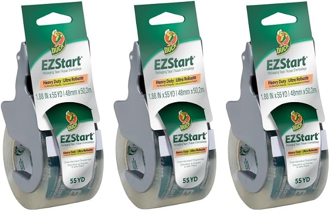 Duck EZ Start Packaging Tape, Clear Packing Tape for Mailing, Moving, Shipping & Storage, 3 Rolls with Dispensers, 1.88 in. x 55 Yd. Each (1259457)