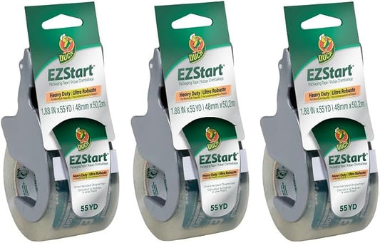 Duck EZ Start Packaging Tape, Clear Packing Tape for Mailing, Moving, Shipping & Storage, 3 Rolls with Dispensers, 1.88 in. x 55 Yd. Each (1259457)