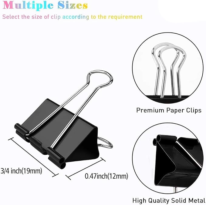 Small Binder Clips, 144 Pack, 3/4 Inch, 0.75 Inch, Standard 19mm, Black, Metal Paper Clips, Fold Clamp, Office Clips, School & Home Use