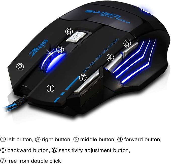 zelotes Wired Gaming Mouse with Fire Button,7200 DPI,7 Buttons,Ergonomic Design,LED Illumination,Corded Optical Mouse Mice for Laptop,PC,Mac,Black
