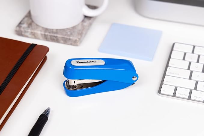 Praxxis Pro Office Supplies - Aria-Plus Half-Strip Mini Stapler - Durable, Compact, and Colorful Stapler for Office and Travel Use, Compatible with Standard 26/6 Staples, Blue