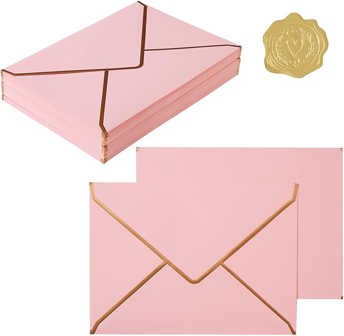 50 Pieces A7 Envelopes with Gold Border, 5.24 x 7.21 Inches Envelopes with Gold Stickers for Greeting Cards and Invitation (Pink, A7-5x7)