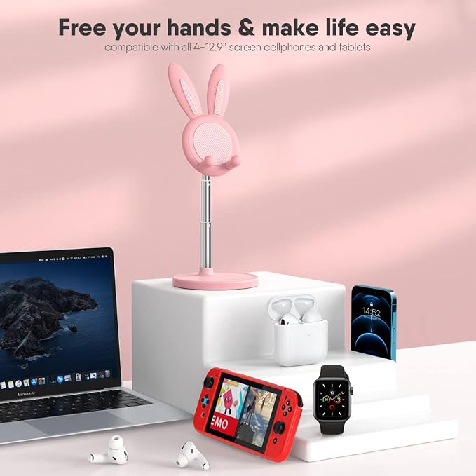 OATSBASF Cute Bunny Phone Stand Adjustable Pink Phone Holder for Phones | Weighted Base Kawaii Desk Accessories, Aesthetic Room Decor Gift for Women/Girls/Kids, Compatible with All Phones