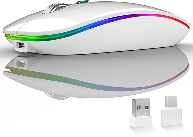 Uiosmuph LED Wireless Mouse, G12 Slim Rechargeable Silent Mouse, 2.4G Portable USB Optical Wireless Computer Mice with USB Receiver and Type C Adapter (White)