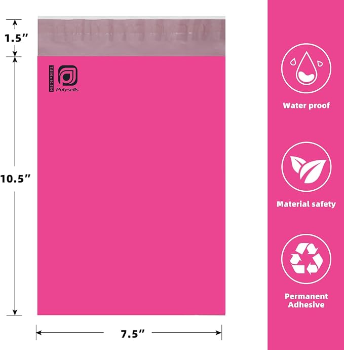 POLYSELLS 200 pcs 7.5x10.5 Inches Pink Poly Mailers Shipping Envelopes, Strong Adhesive Sealing, Waterproof, and Tear-resistant Postal Mailing Bags for Small Business, Clothes, Non-Fragile Items