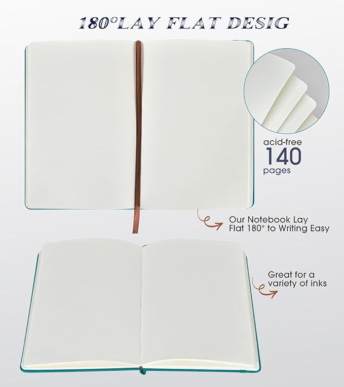Blank Journal Notebook for Women Men, Hardcover Leather Sketchbook 5.7"×8.3", 140 Pages Unlined Sketch book for Drawing, Writing, Travel, School & Work, Journaling Notebooks (Blue)