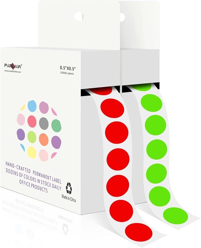 PARLAIM 1/2" Round Color-Code Dot Stickers,Adhesive 2000 Stickers Rolls dots Label Dispenser Box Green Circle Stickers Labels(Red+Light Green)