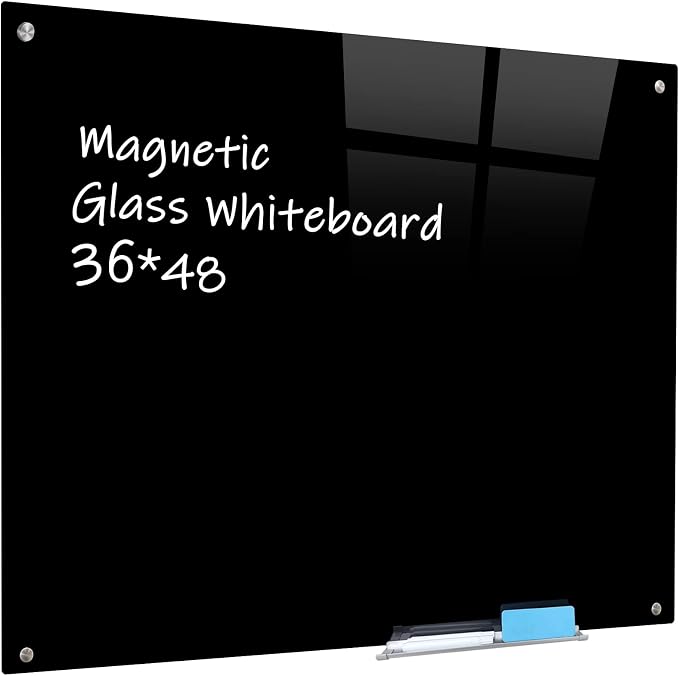 Magnetic Black Glass Board with Eraser Frameless Tempered Glass Dry Erase Blackboard with Marker Tray for Interactive Office, Wall Mounted Frosted Black Glass Board, 48" x 36"