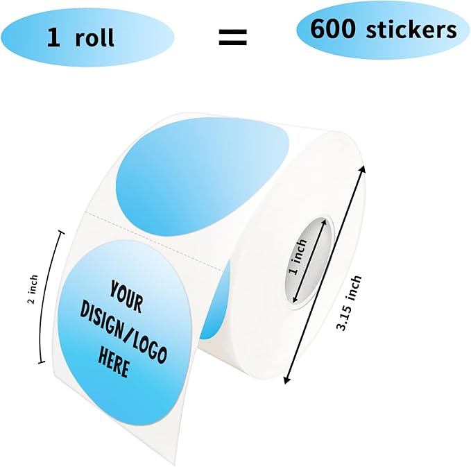 2 Inch Blue Round Thermal Sticker Labels, Self-Adhesive Circle Direct Thermal Labels, Multi-Purpose Roll Sticker Labels for DIY Logo Design, QR Code, Name Tag（ 600 Labels，1 Roll）