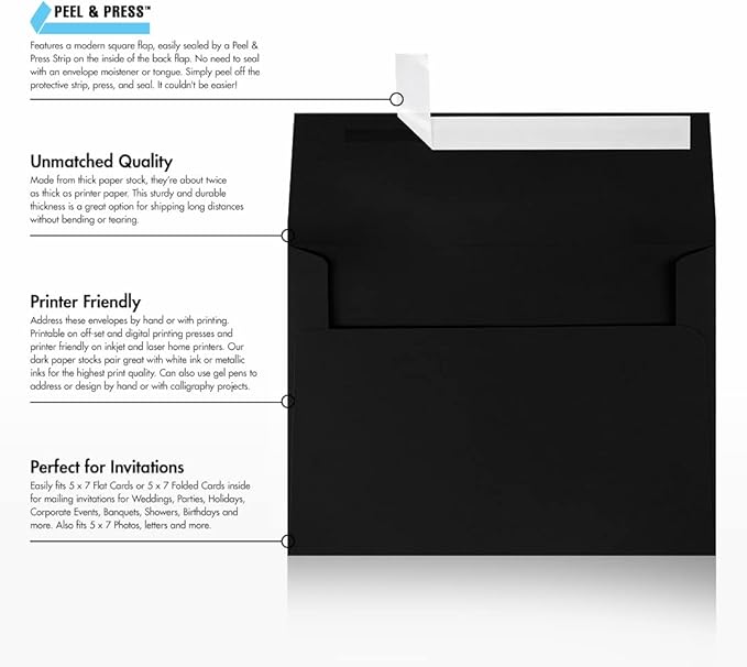 LUXPaper A7 Invitation Envelopes | Peel & Press | 5 1/4" x 7 1/4" | Midnight Black | 80lb. Text | 500 Qty