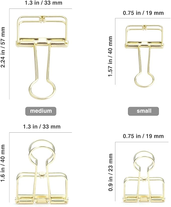 DEEDYGO 20 Pieces Gold Wire Binder Clips Assorted Sizes Stainless Steel Hollow Binder Clips Clamps for Paperwork, Sewing, Crafts, Kids, Teacher, Office School Supplies, Food Packages (10 M +10 S)