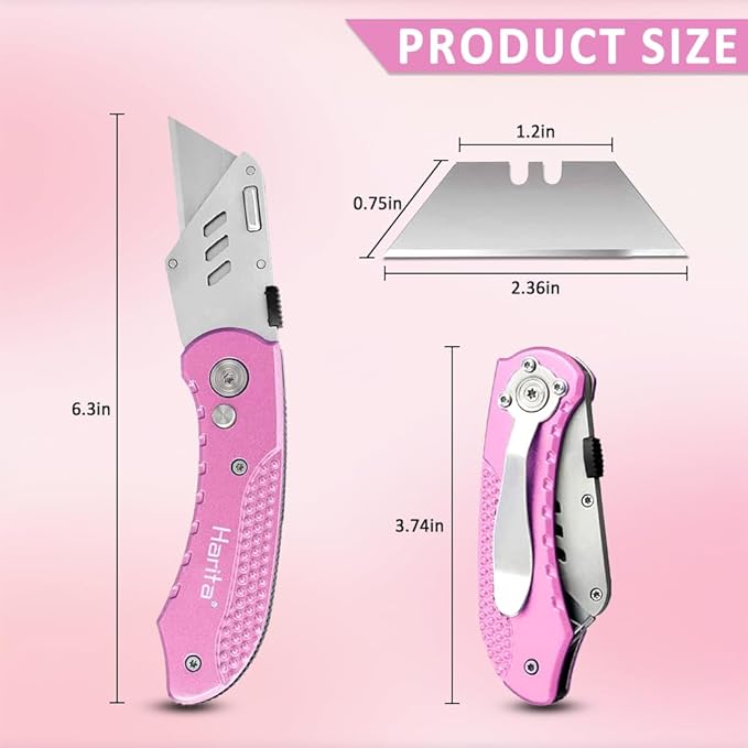 Box Cutter Retractable, Folding Utility Knife with Aluminum Handle, Heavy Duty Knife, Back-lock Mechanism, Stainless Belt Clip, for Carpet, Carton, Box, Cardboard, with 5-piece Extra Blades (Pink)