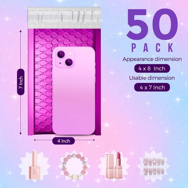 Fuxury Foil Bubble Mailers 4x8" 50 Pack,Sturdy Padded Envelopes Usable Size 4x7",Strong Adhesion Bubble Shipping Envelopes,Thick Opaque Shipping Bags for Mailing Jewelry Makeup Gift Small Item Purple