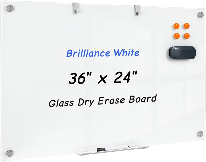 Wingwise Magnetic Glass Dry Erase Board, 36 x 24 in Brilliance White Board | Ultra-white 4mm tempered glass, scratch-resistant. Wall-mounted with hardware. Great for corporate offices, classrooms, home