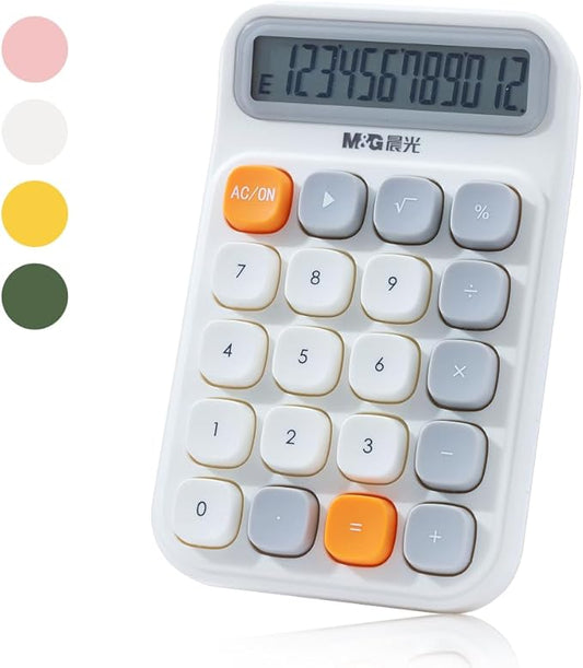 M&G Mechanical Switch Calculator, 12 Digits, Large LCD Display and Big Buttons, Cute White Desktop Calculator for Office, Home, School (Battery Included)