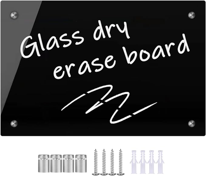 Okydoky Black Glass Dry Erase Whiteboard, 8"" x 12"" Frameless Glass White Board for Home,School,Office,Black Surface（Glass BB-BK-2030）