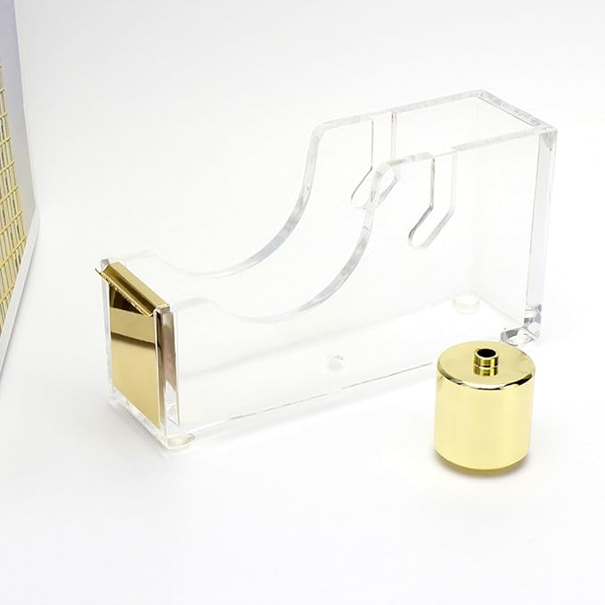 NatSumeBasics Tape Dispenser Desk Pure Gold Acrylic Washi Tapes Holder Dispenser for Aesthetic Office School Accessories Supplies (Clear Yellow Gold)
