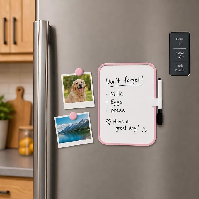 2 Pack Magnetic Dry Erase Board 6" x 8", Mini Whiteboard with Marker, Magnets & Pen Holder, Small Magnetic Whiteboard for Fridge, Locker, Office Desk, Kitchen, School & Home Organization(Pink)