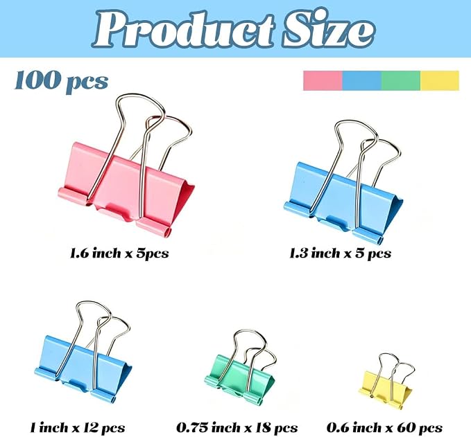 100 Pcs Colorful Binder Clips,Assorted Sizes Metal Paper Clips,Backt to School Teacher Supplies,Strong-Binder Clamps for Office Home School Business Document Organizing