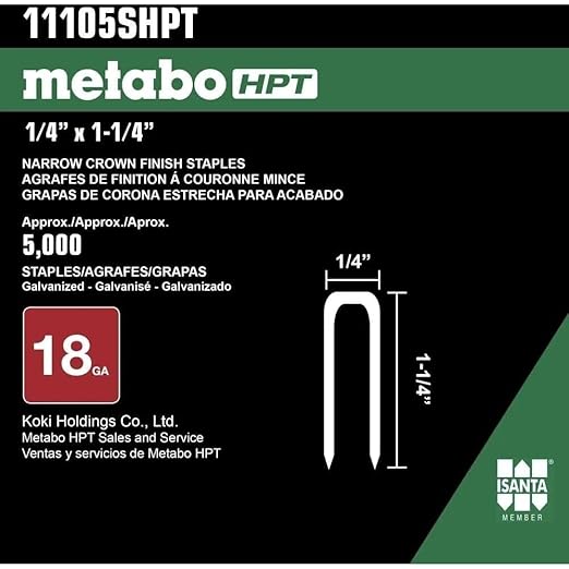 Metabo HPT Finish Staples | 1/4" x 1-1/4", 18 Gauge | Electro Galvanized, For N3804AB3 | 5000 Count | 11105SHPT