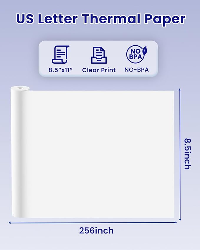 Thermal Paper 8.5" x 11" US Letter Size, 2 Rolls Quick-Dry Thermal Printer Paper, Compatible with A285M A282M A281M M835 M834 M832 Portable Printer