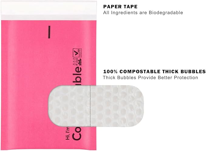 6x10 100% Biodegradable Bubble Mailers,25 Count Red #0 Compostable Padded Packaging Wrap Envelopes Pouches Eco Friendly Self Seal Bags