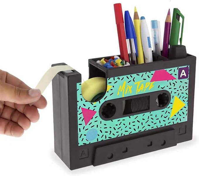 Retro Cassette Heat Tape Dispenser with Pen Holder for Desk Vintage 80s Office Mate Recycled 2-in-1 Office Stationery Storage (Green Tape)