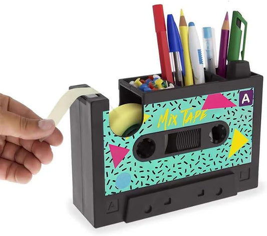 Retro Cassette Heat Tape Dispenser with Pen Holder for Desk Vintage 80s Office Mate Recycled 2-in-1 Office Stationery Storage (Green Tape)