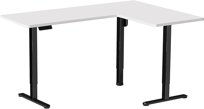 VIVO Corner Standing Desk, 63 x 55 inch Reversible L-Shaped Workstation, Electric Height Adjustment, Home, Office, and Reception Rooms, White Table Top Black Frame, DESK-E3CTBW