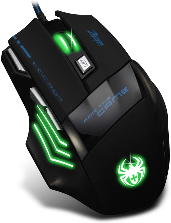 zelotes Ergonomic Gaming Mouse with Rapid Fire Button, 7200 DPI(5-Level Adjustable), 7 Buttons,LED Lighting, USB Wired Optical Mouse for Office/Gaming, Compatible with Laptop/PC (Black)