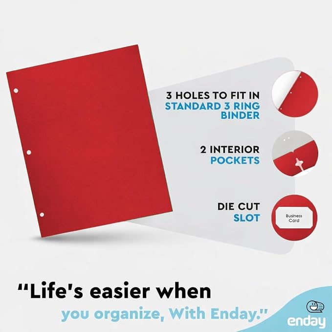 Folders with Pockets (100 Pack), Red 2 Pocket Folder Bulk, Two Pockets File for Letter Size Sheets, Bulk Paper Folders with Pockets Also Available in Blue, Black, Green, 100 Pack - By Enday