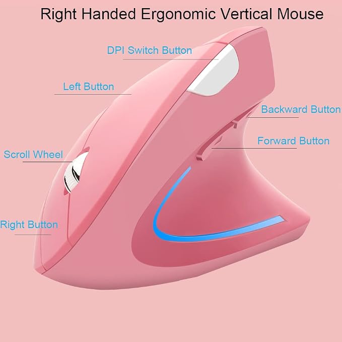Wireless Mouse Ergonomic Vertical Mouse Ergo LED Light High Precision Optical Cordless Lightweight Mice Gift for Boy Girl Adults for PC Computer Laptop Mac Office,with Side Buttons, 800/1200/1600 DPI