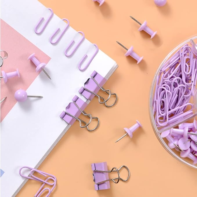 Paper Clips Binder Push Pin Set, Assorted Sized Binder Clips | Cute Office Supplies, Aesthetic Desk Accessories Teachers Desk Must Have, Paper Clips and Binder Clips Set, Purple, 1 Pack