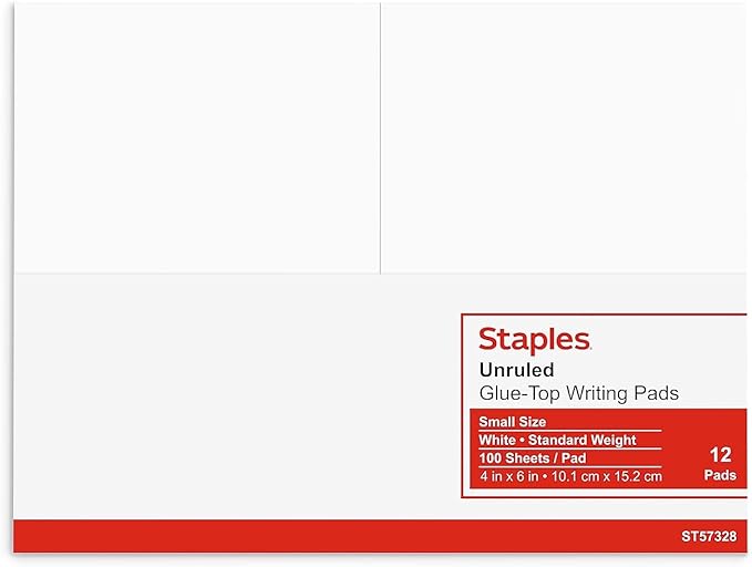 STAPLES Notepads, 4” x 6”, Unruled, White, 100 Sheets/Pad, 12‑Pack
