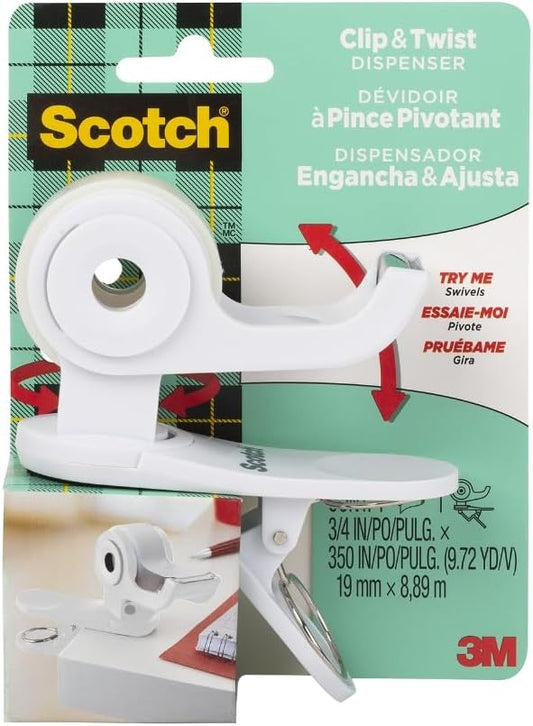 Scotch Desktop Tape Dispenser, White, Great for Gift Wrapping, 1 Dispenser (C19-CLIP-W-CCW)