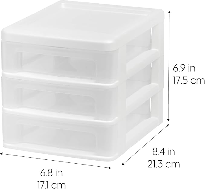 IRIS USA 4-Pack 3-Drawer Small Desktop Organizer, Stackable, White | Keep dorm desks tidy with drawers for school supplies, makeup, chargers, snacks and everyday college essentials