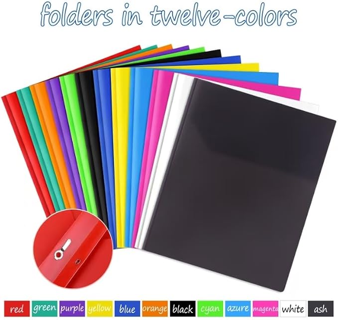Feosky Plastic Folders, 2 Pockets 3 Metal Prongs, Letter Size,12 Colors | Suitable for organizing school assignments, office documents, and family files. Multiple colors for easy classification