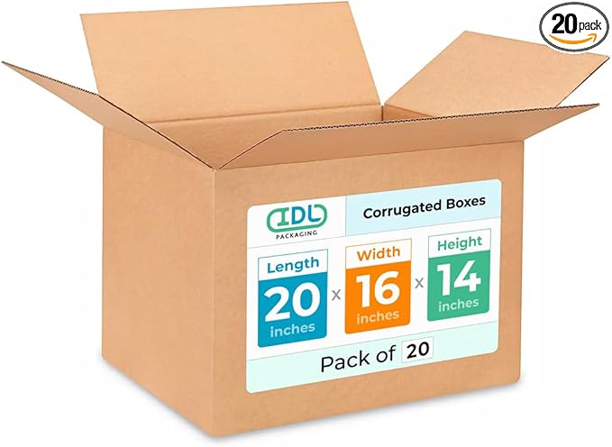 Large Shipping & Moving Boxes 20"L x 16"W x 14"H (20-Pack) - Extra Strength 200 lb vs Regular - USA-Made Corrugated Durable Moving Boxes for Shipping - Large Carton Box for Moving by IDL Packaging