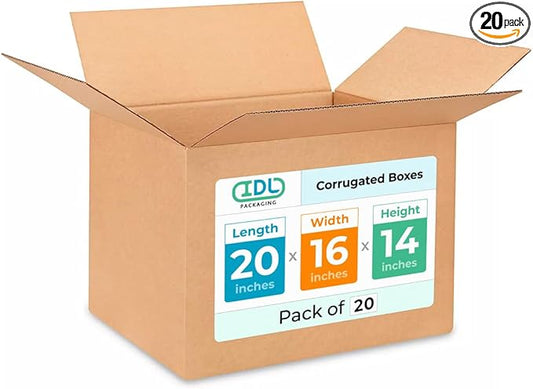 Large Shipping & Moving Boxes 20"L x 16"W x 14"H (20-Pack) - Extra Strength 200 lb vs Regular - USA-Made Corrugated Durable Moving Boxes for Shipping - Large Carton Box for Moving by IDL Packaging