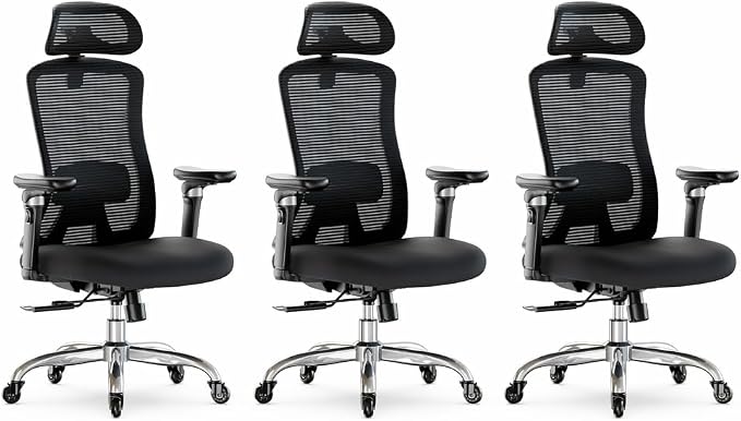 Marsail Ergonomic Office Chair with 6D Armrests, 3D Adjustable Headrest, Slide Seat, Lumbar Support, and 4-Position Tilt Lock – Big and Tall Office Chair with 330 lbs Capacity, Pack of 3